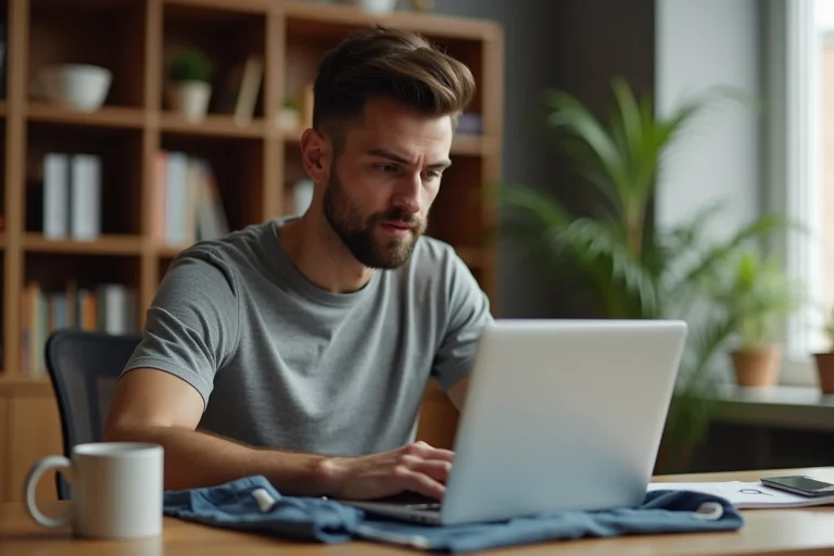 Homme comparant un maillot de football avec des informations sur un ordinateur portable avant un achat en ligne