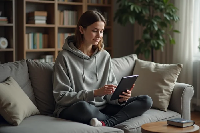 Femme qui achète un maillot de football en ligne sur une tablette depuis son canapé