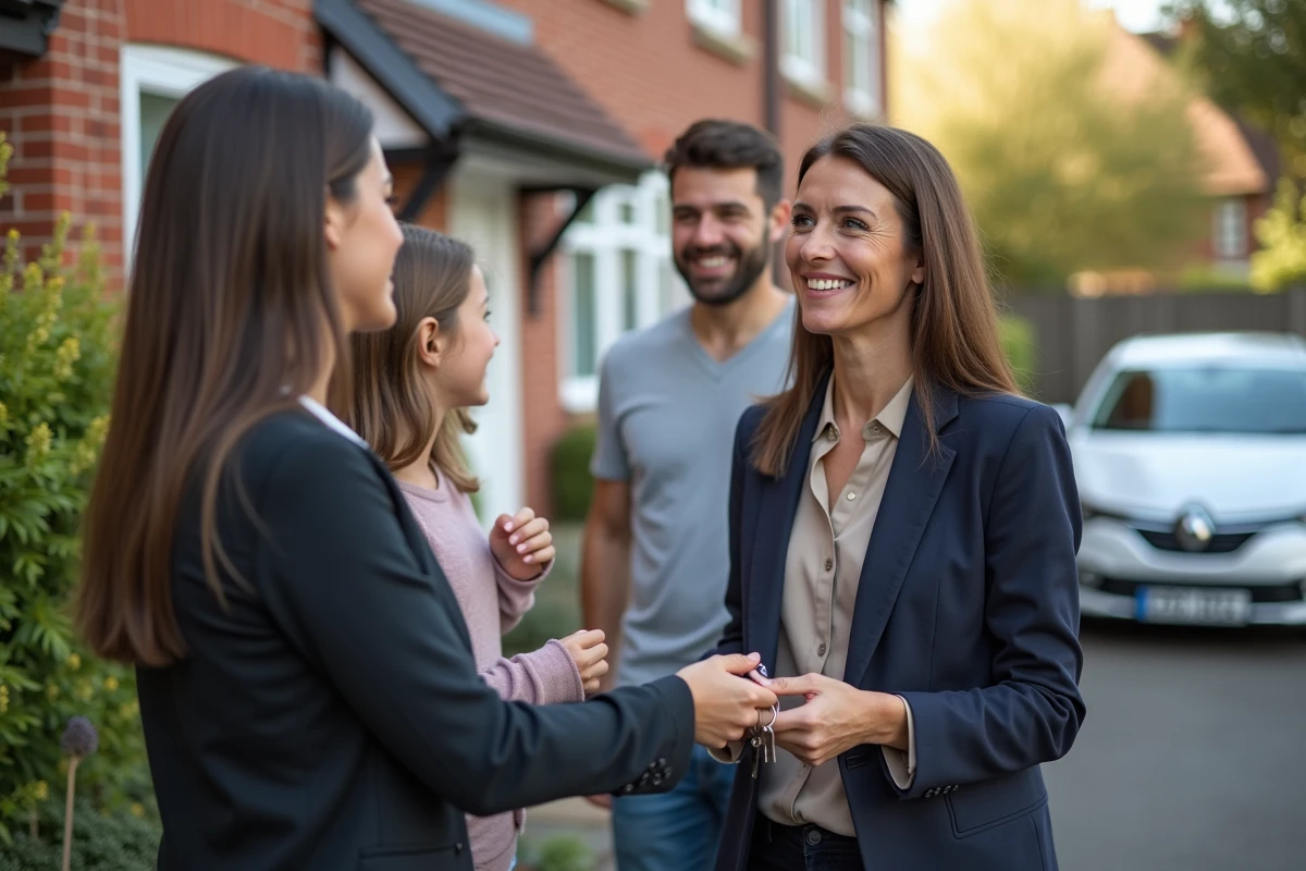 Agent immobilier remettant des clés à une famille devant maison