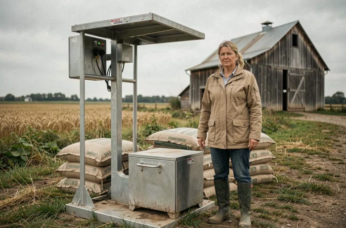 Agricultrice pesant des sacs de céréales sur une balance de ferme pour convertir des kilogrammes en tonnes
