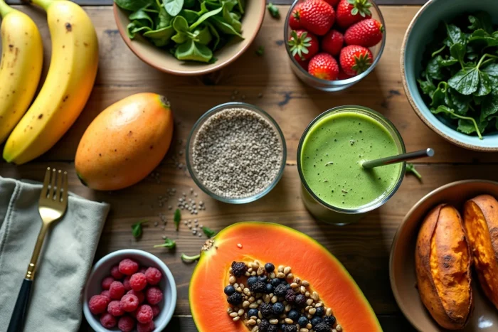 Étalage de repas végétalien avec fruits tropicaux, légumes rôtis, graines de chia et smoothie vert sur table en bois