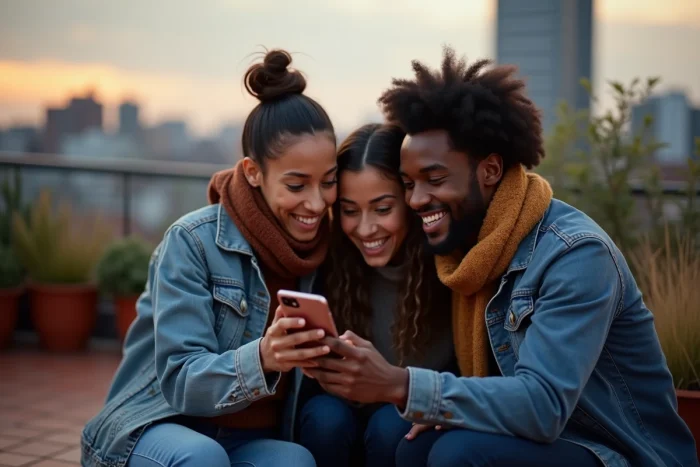 Groupe d'amis regardant ensemble une application de streaming vidéo sur smartphone en terrasse urbaine