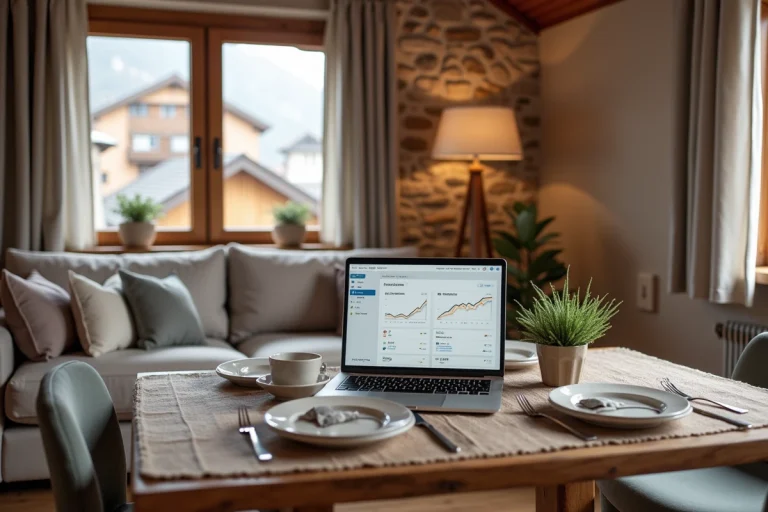 Intérieur d'un appartement Airbnb cosy à Chambéry avec tableau de bord de gestion locative sur ordinateur portable