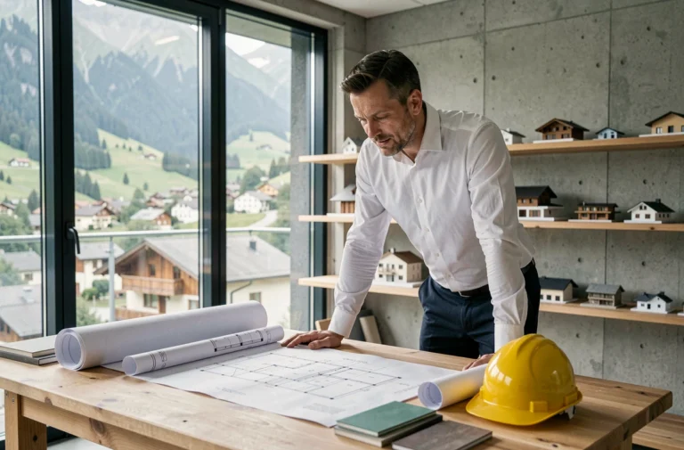 Architecte suisse examinant des plans de construction sur une table de travail dans un bureau moderne