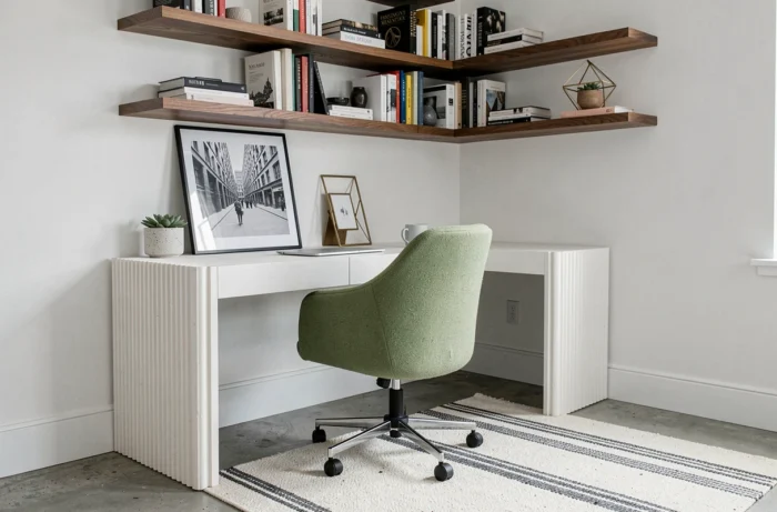 Bureau à domicile stylé avec bureau cannelé blanc, chaise bouclé vert sauge et étagères en chêne fumé aux accents laiton tendance