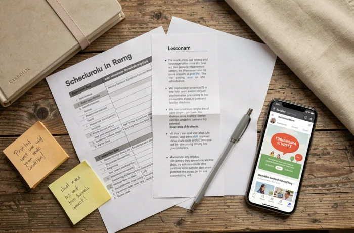 Vue aérienne d'un bureau de travail à domicile avec des ressources pédagogiques pour l'instruction en famille et un smartphone affichant un site éducatif