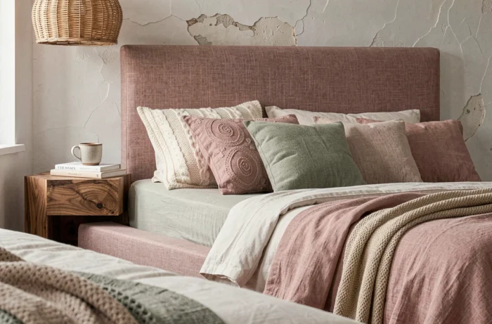 Chambre contemporaine aux textiles superposés avec tête de lit en lin, oreillers texturés tendance et table de nuit en noyer massif