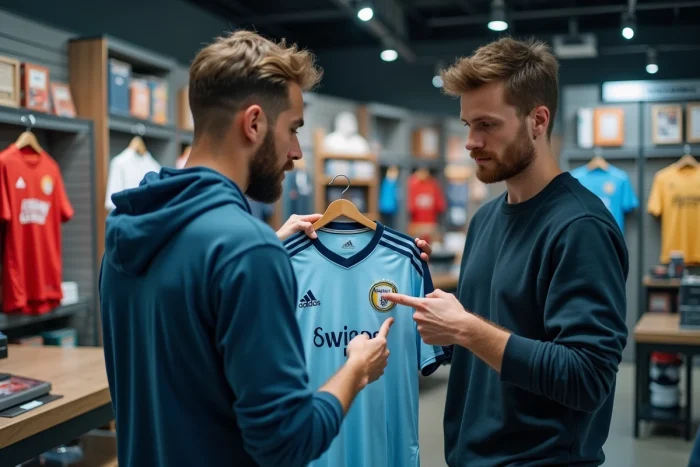 Deux hommes examinant la qualité et la taille d'un maillot de football dans un magasin de sport