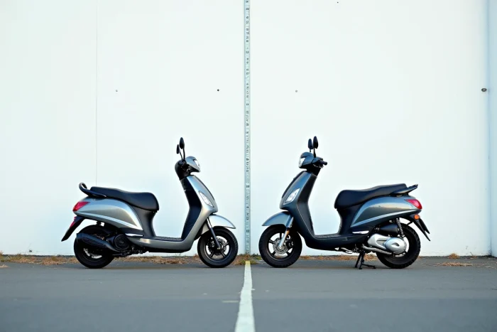 Comparaison côte à côte de deux scooters 125cc de tailles différentes, vue de profil avec un mètre ruban au sol pour illustrer les dimensions