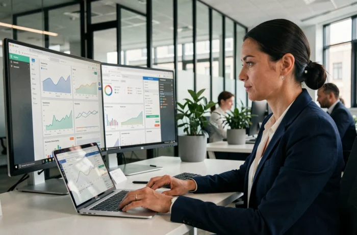 Femme professionnelle comparant des logiciels et progiciels sur ordinateur dans un bureau moderne