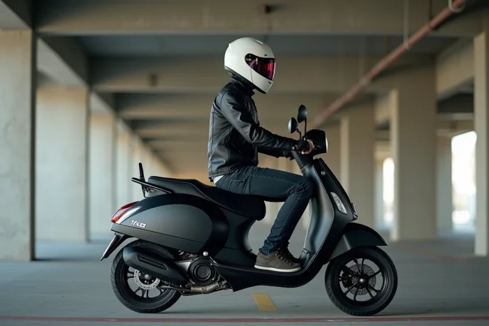 Homme assis sur un scooter 125cc noir mat dans un parking, illustrant la position de conduite et les dimensions ergonomiques