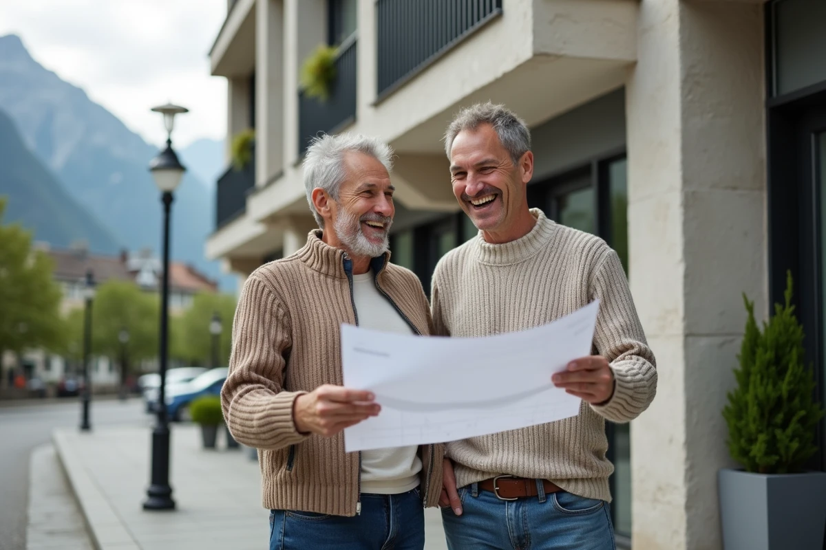 Couple regardant un plan devant immeuble grenoblois