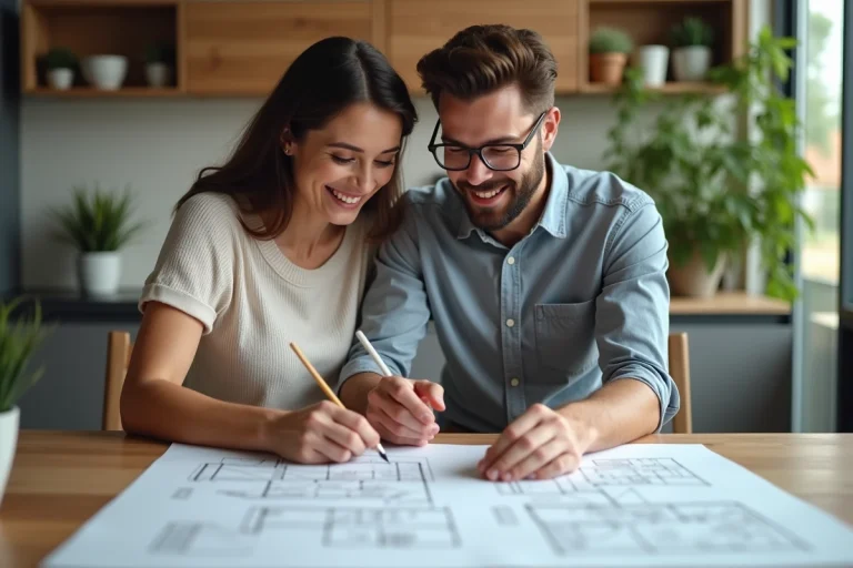 Couple souriant examinant plans architecturaux dans une cuisine moderne