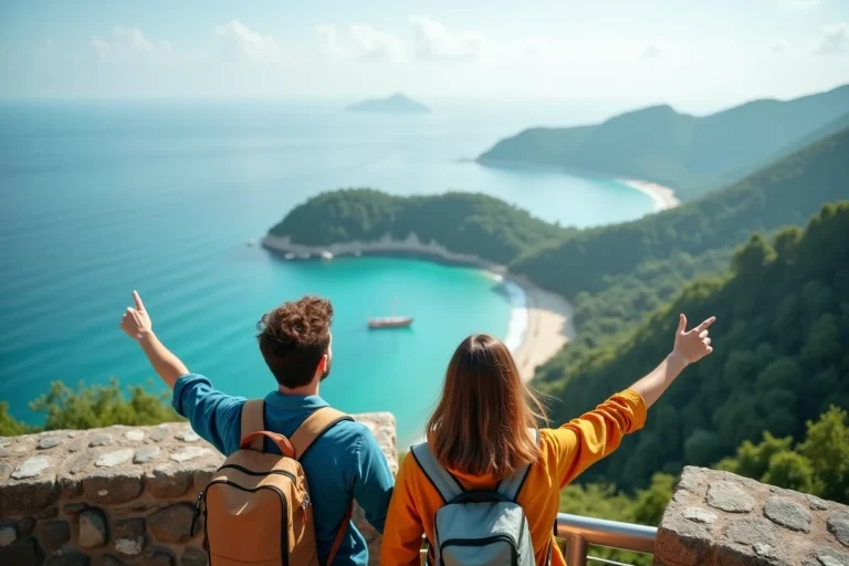 Jeune couple en voyage sur une falaise avec vue sur la mer