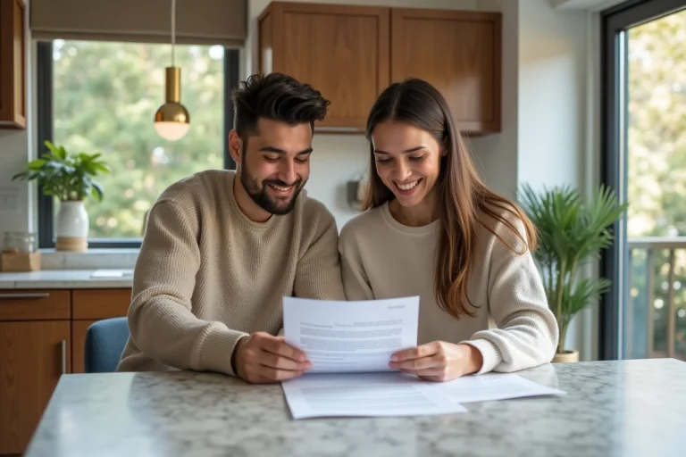 Couple souriant examinant documents immobiliers