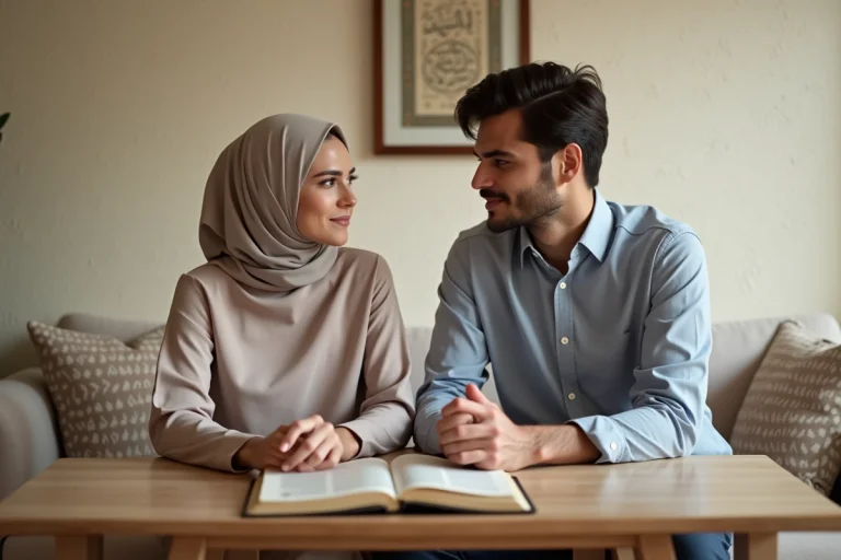 Jeune couple musulman dans un salon chaleureux