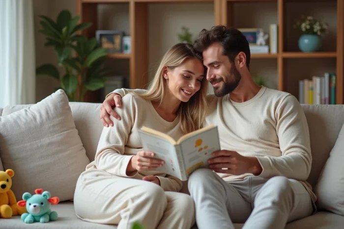 Jeune couple partageant un livre de parentalite dans un salon
