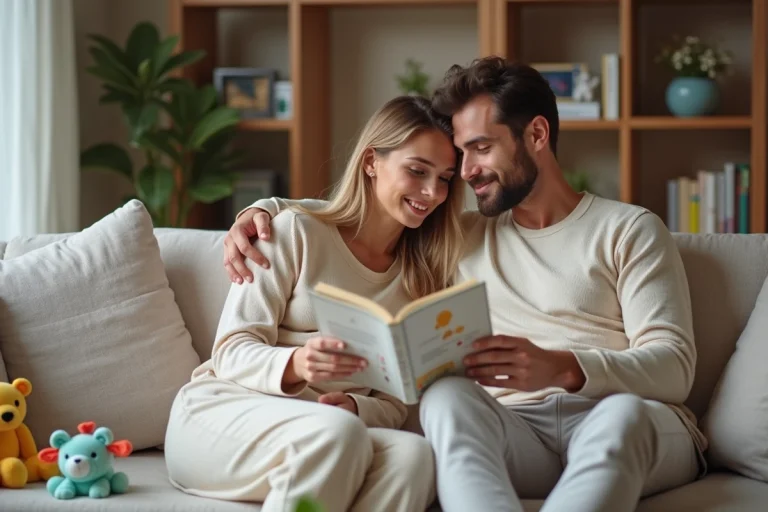 Jeune couple partageant un livre de parentalite dans un salon