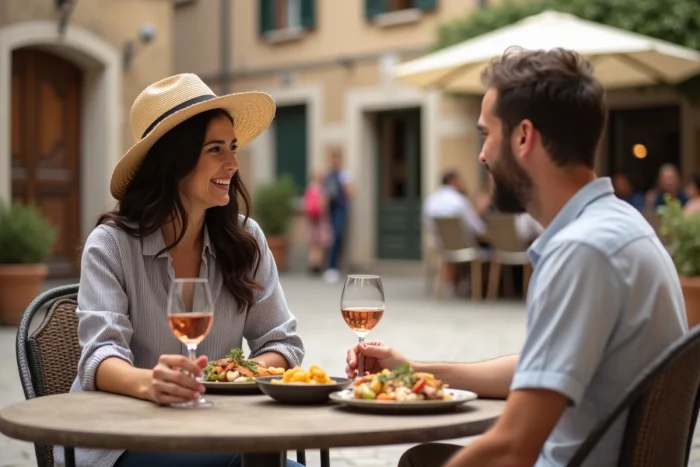 Couple profitant d'un repas en terrasse dans un village provençal lors de leurs vacances
