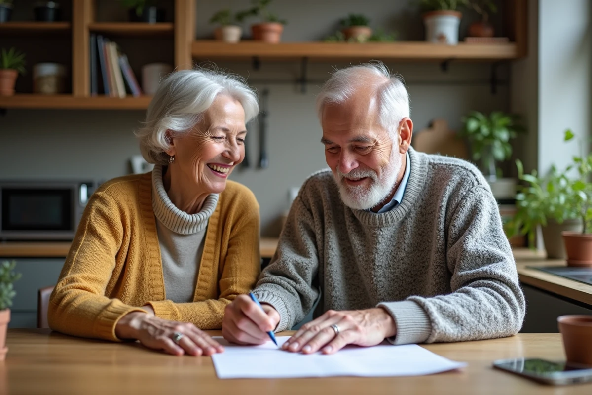 Couple retraité planifiant leur semaine à la cuisine chaleureuse