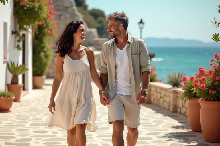Couple en vacances se promenant main dans la main sur une promenade méditerranéenne bordée de bougainvillées