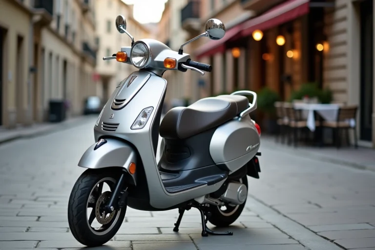 Scooter 125cc argenté garé sur un trottoir urbain, vue trois quarts avant montrant ses dimensions compactes