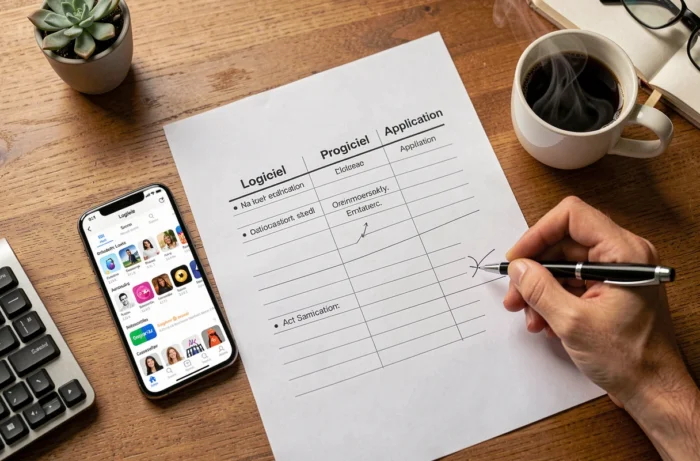 Vue aérienne d'un bureau avec document comparatif logiciel progiciel application et smartphone en entreprise