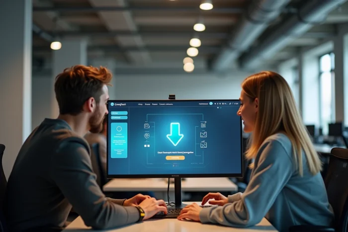 Deux personnes consultant ensemble un site de téléchargement sur un ordinateur de bureau dans un espace de coworking moderne