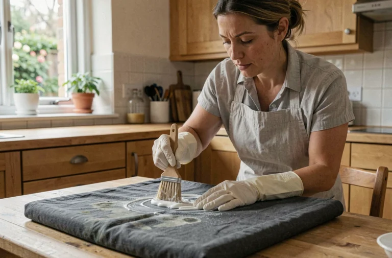 Femme appliquant un produit naturel contre la moisissure sur un tissu en coton gris dans une cuisine domestique
