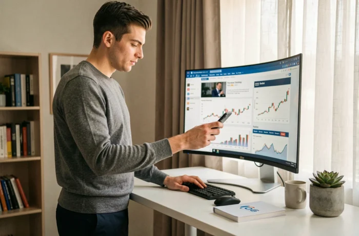 Jeune entrepreneur consultant les actualités économiques et tendances de marché sur un grand écran dans un bureau à domicile minimaliste