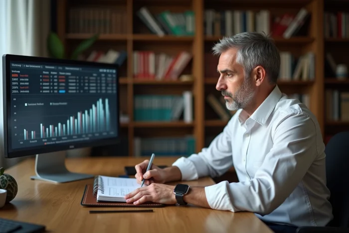 Entrepreneur concentré prenant des notes dans un bureau à domicile avec graphiques financiers sur écran et bibliothèque