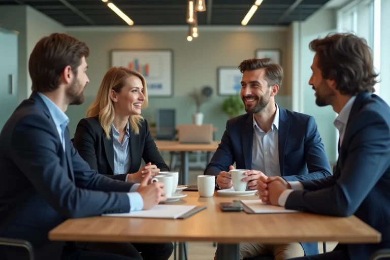 Groupe d'employes de bureau discutant autour d'une table