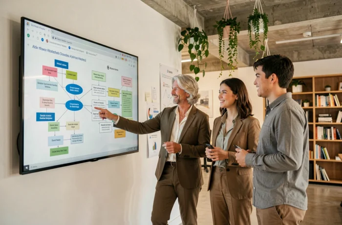 Groupe de professionnels discutant de gouvernance et d'éthique de l'IA devant un écran interactif dans un bureau moderne