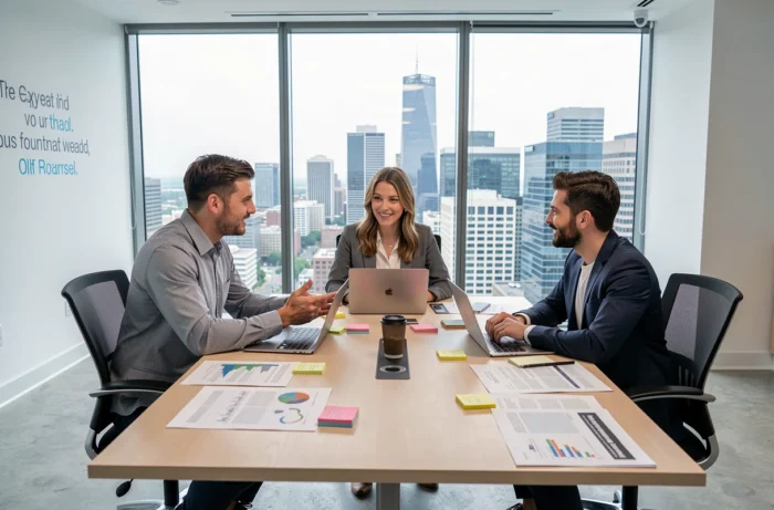 Équipe de professionnels en réunion stratégique autour d'une table de conférence avec des rapports d'entreprise et des ordinateurs portables