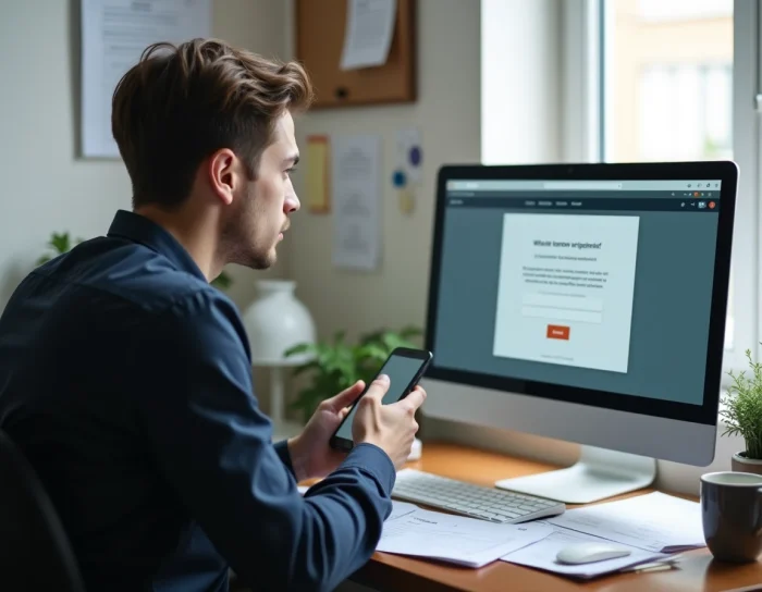 Étudiant consultant son téléphone pour résoudre un problème d'authentification sur l'espace numérique de travail Assas depuis son bureau à domicile