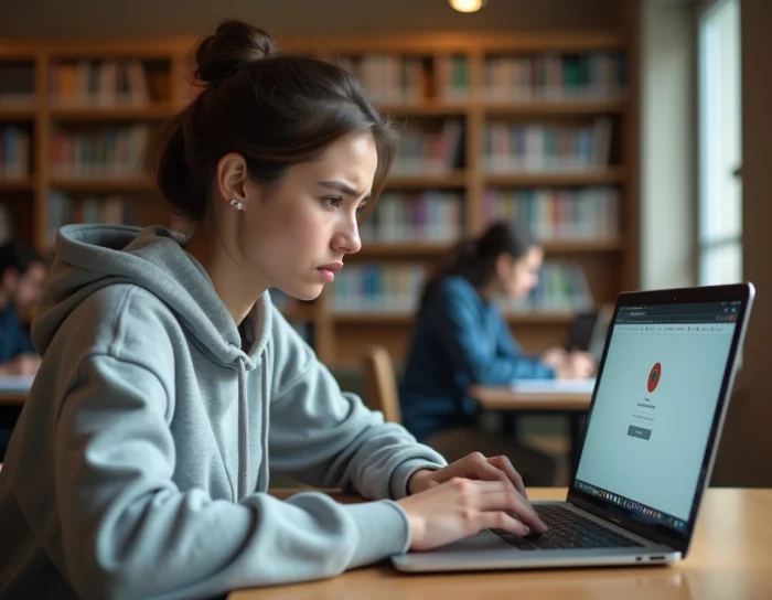 Étudiante frustrée face à une erreur de connexion sur l'ENT Assas depuis son ordinateur portable en bibliothèque universitaire