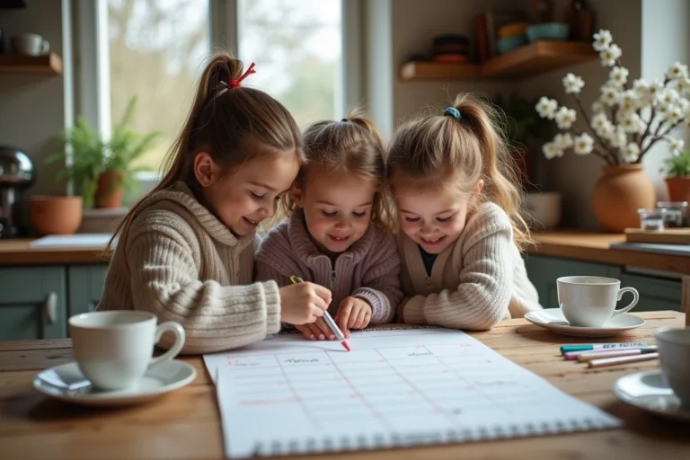 Famille française souriante préparant un calendrier de printemps