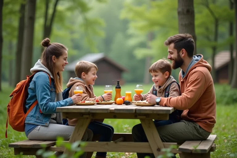 Famille souriante partageant un pique-nique en forêt