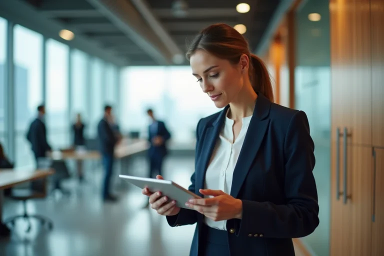 Femme d'affaires confiante en blazer marine consultant une tablette dans un bureau moderne avec vue sur la ville