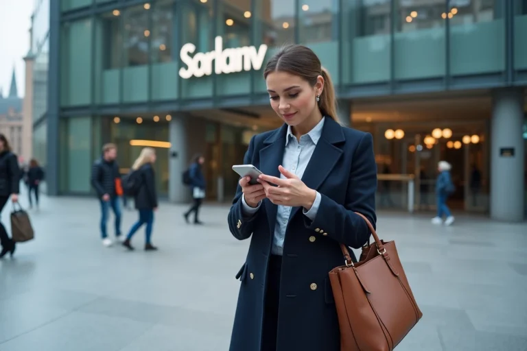 Femme d'affaires en ville vérifiant son smartphone