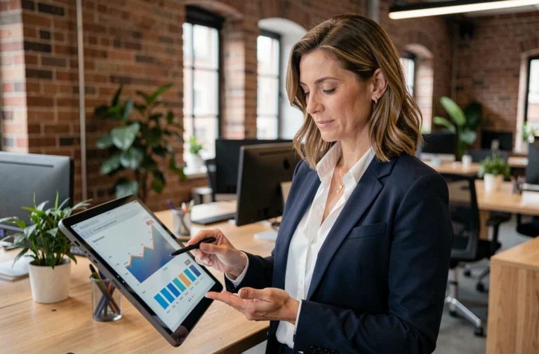 Femme d'affaires consultant des graphiques de croissance sur une tablette dans un espace de coworking moderne en 2024