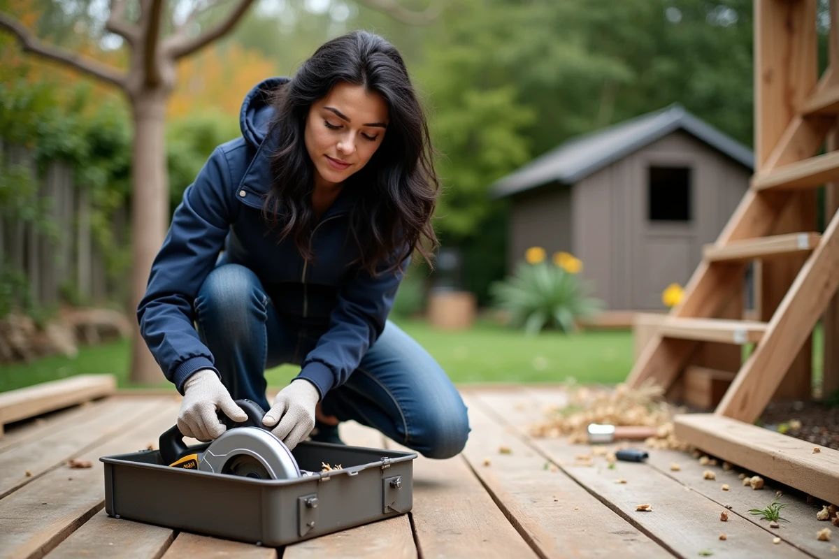 Jeune femme pose une scie circulaire sur un deck en construction