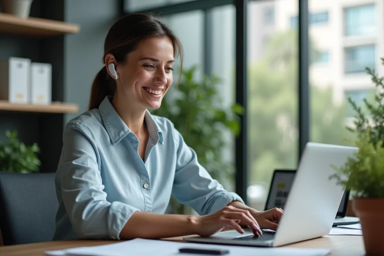 Femme d'âge moyen au bureau moderne et lumineux