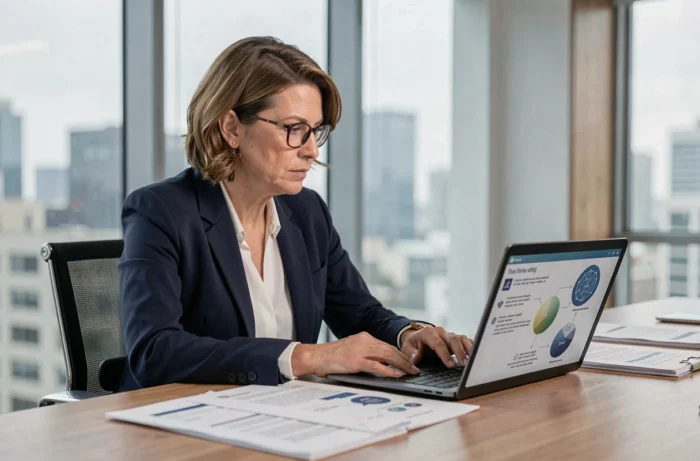 Femme cadre analysant des documents sur l'éthique de l'intelligence artificielle dans une salle de réunion moderne