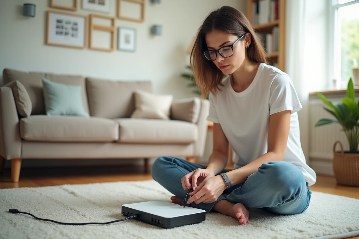 Femme connecte un routeur dans un salon lumineux et accueillant