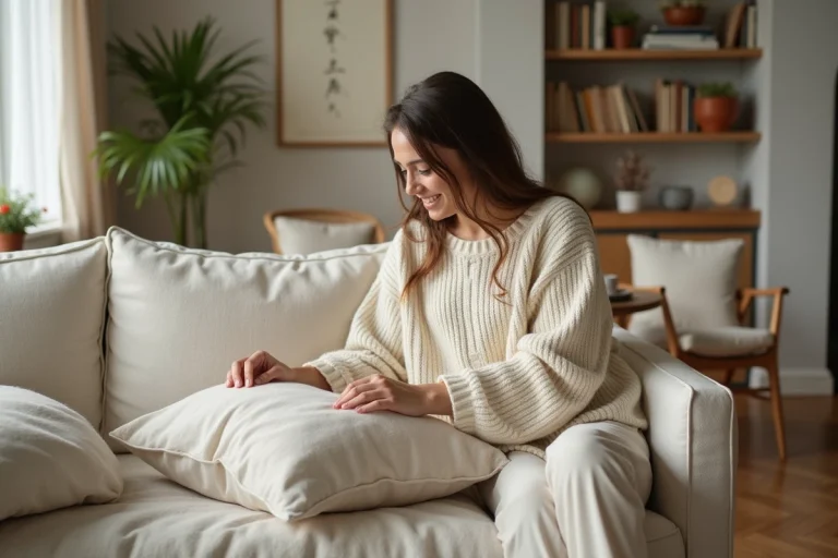 Jeune femme arrangeant des coussins dans un salon chaleureux