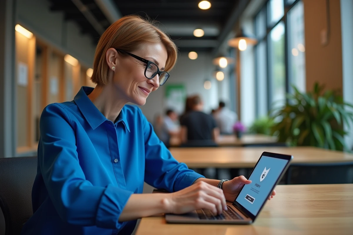 Femme en coworking utilisant une tablette avec icone proxy
