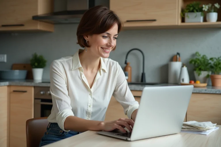Femme souriante créant son compte immobilier sur un laptop