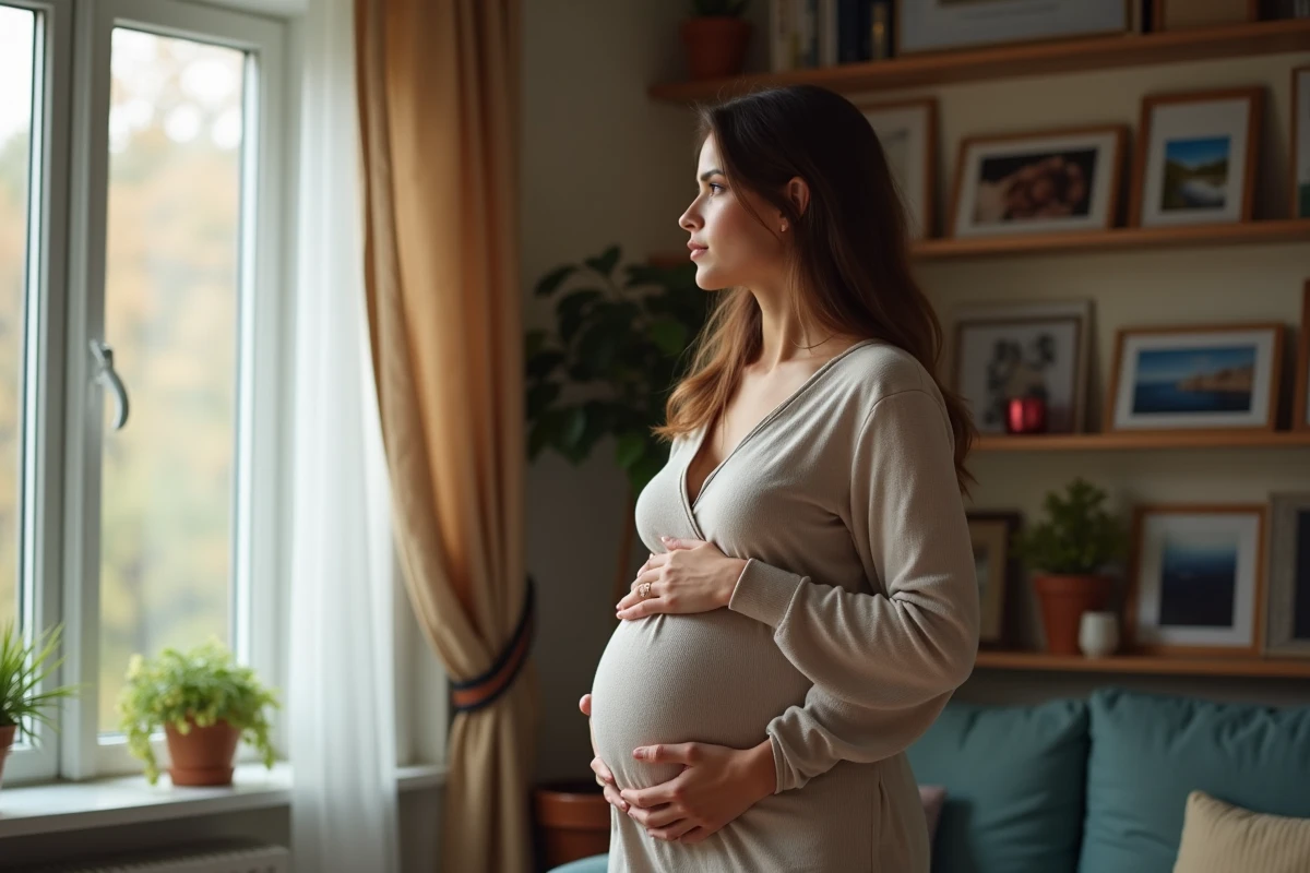 Femme enceinte regardant par la fenêtre dans un salon chaleureux