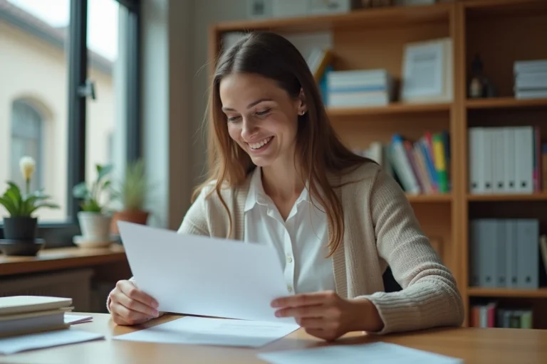Femme souriante dans un bureau scolaire moderne